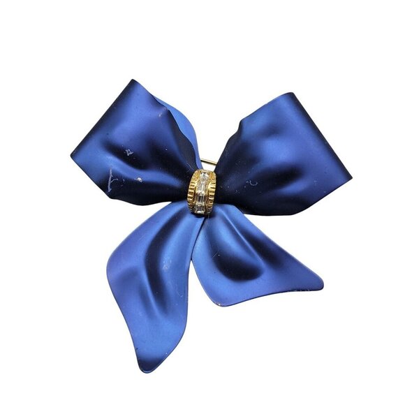 Blue Bow Brooch Enamel Velvet Look Tied Ribbon Pin Christmas Holiday Jewelry - Picture 4 of 7